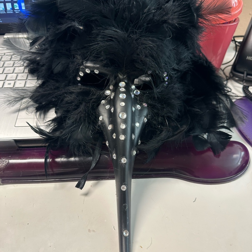 Black Feathered Masquerade Mask with Rhinestones